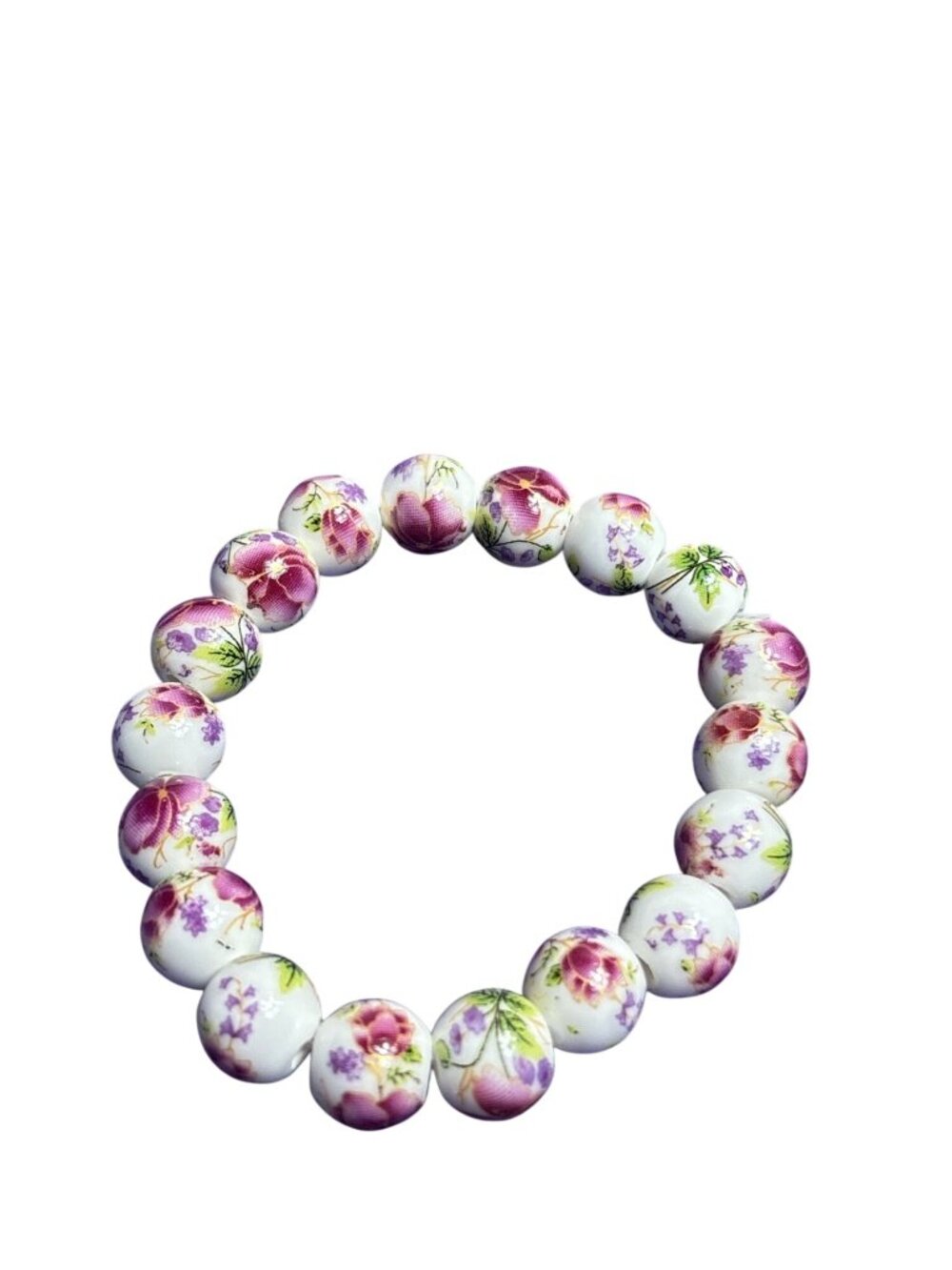 Floral Glass Beaded Stretchy Bracelet White Purple Green 5.5 inches Unstretched